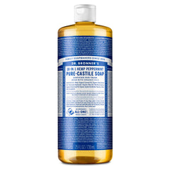 Dr. Bronner's front bottle showing 25 oz hemp peppermint and organic oils benefit