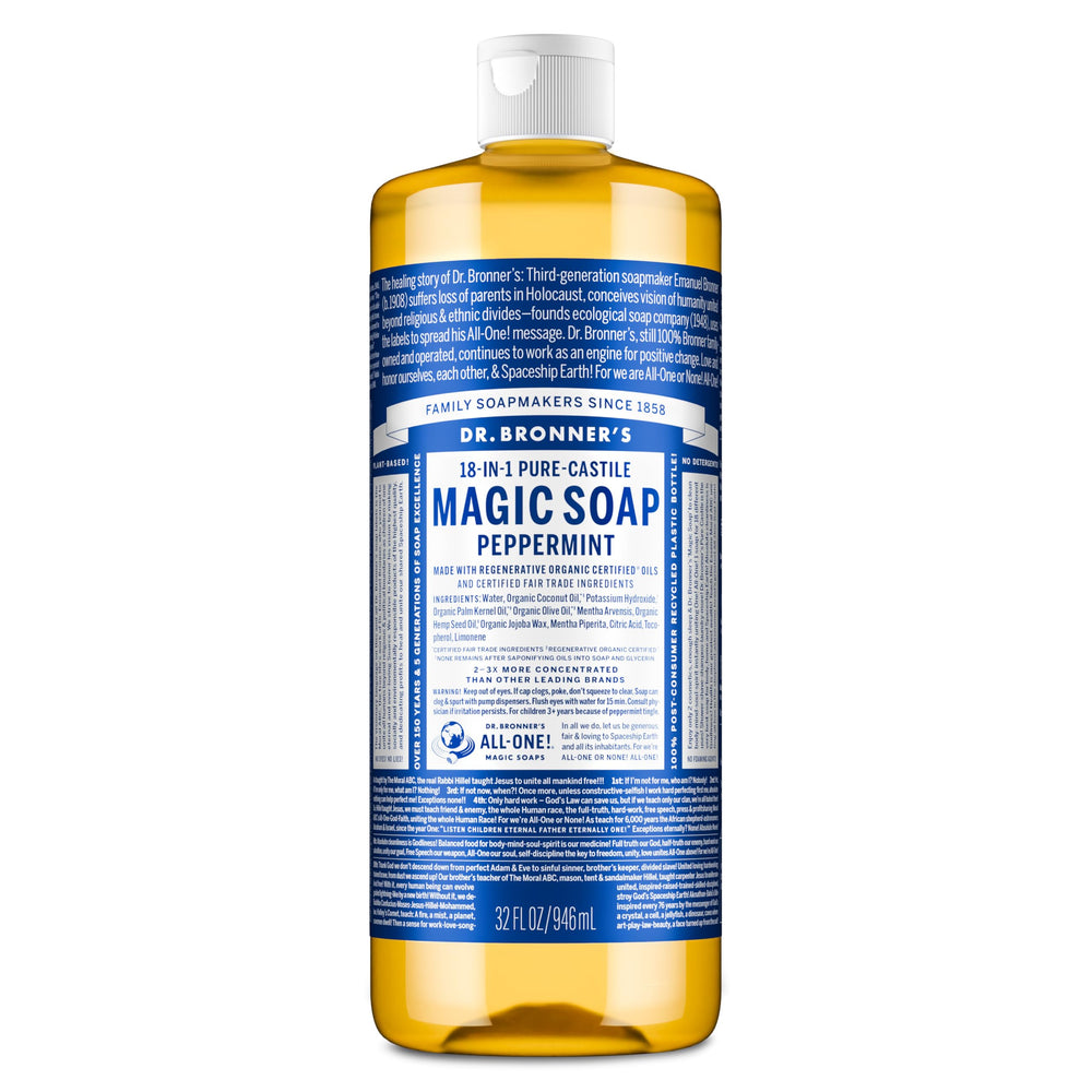 Dr. Bronner's peppermint bottle front view shows label clarity and refreshing scent benefit