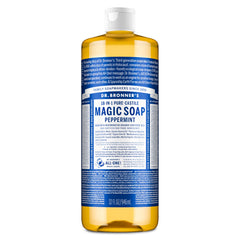 Dr. Bronner's peppermint bottle front view shows label clarity and refreshing scent benefit