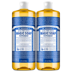Dr. Bronner's peppermint front packaging showing two 32 oz bottles and label benefits