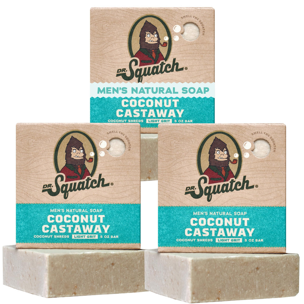 Dr. Squatch front packaging showing three Coconut Castaway bars for easy gifting