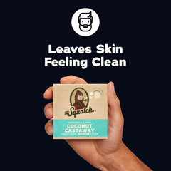 Dr. Squatch single Coconut Castaway bar top view highlighting smooth finish and scent