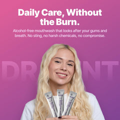DrDent open sachet pouring 12ml dose showing instant color-correcting action