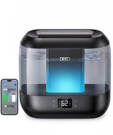 DREO front view humidifier showing sleek design and bedroom-ready benefit