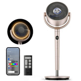 DREO front view pedestal fan showing sleek design and powerful airflow