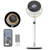 DREO smart fan front view showing sleek pedestal and grille for strong airflow