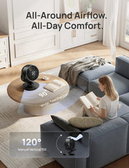 DREO fan tilted and oscillating demonstrating directional airflow control