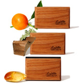 drift front packaging showing three wood scent blocks and metal clip, highlights sustainability