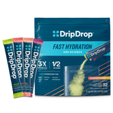 DripDrop front packaging Sunburst variety pack showing convenient box and packets for fast hydration