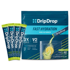 DripDrop front packaging showing 32 packets and quick hydration benefit