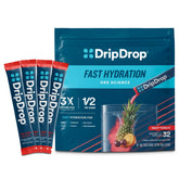 DripDrop front box showing Fruit Punch packets and clear product branding benefits quick hydration