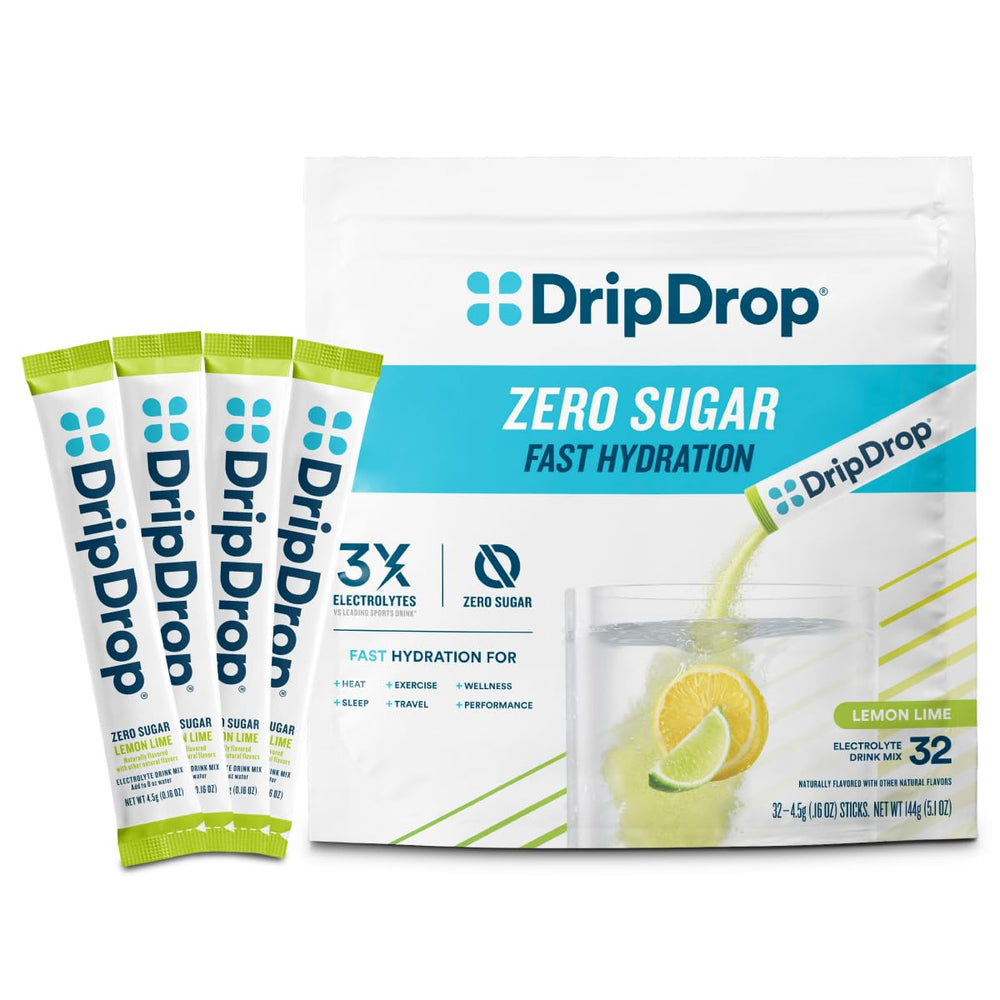 DripDrop front packaging showing lemon lime sticks and count benefit