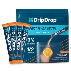DripDrop front packaging showing 32 orange electrolyte packets and branding benefit portability