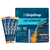 DripDrop front packaging showing tropical variety and 32-count convenience