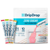 DripDrop variety pack front showing 32 sugar-free sticks for fast hydration