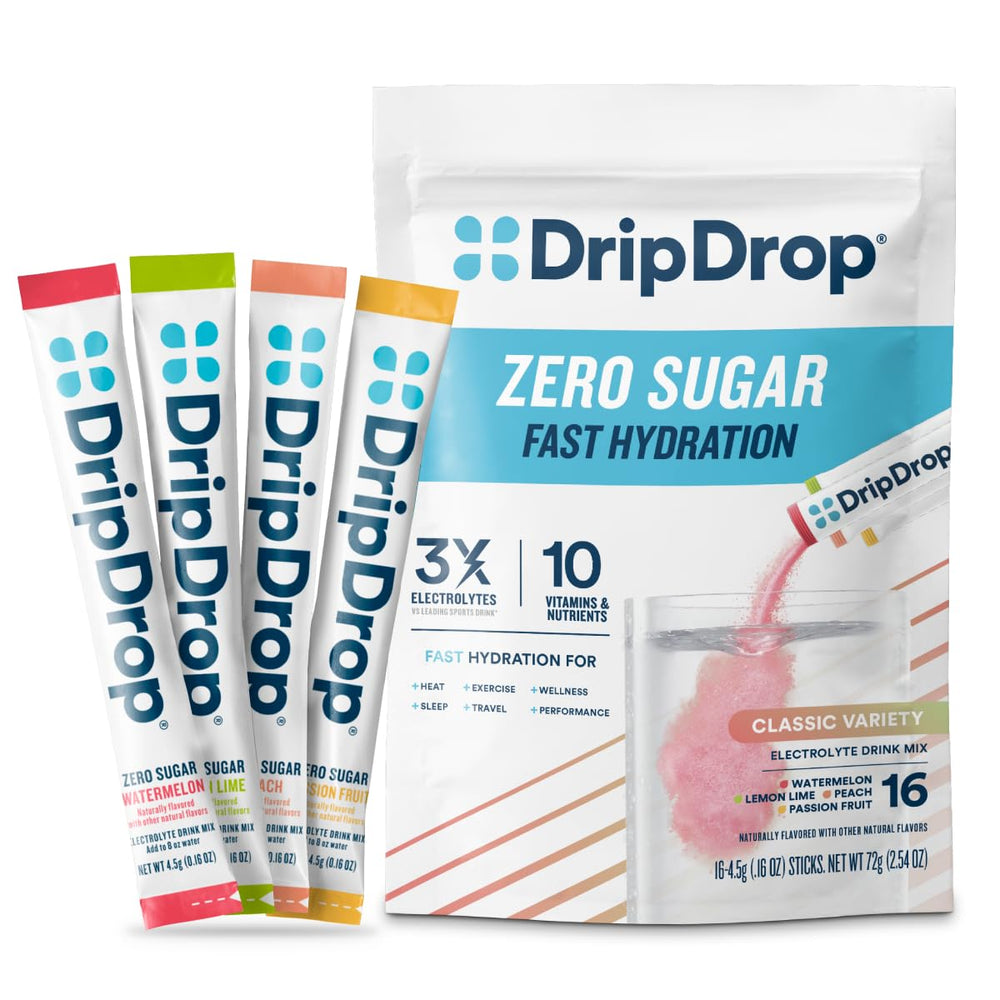 DripDrop Zero front packaging showcasing variety pack and count, convenient hydration