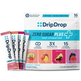 DripDrop front packaging showing Zero Sugar Plus variety pack and benefits