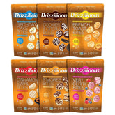 Drizzilicious front packaging showing six-flavor variety and vegan label for easy selection