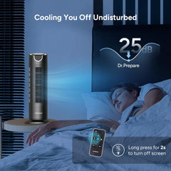 DR.PREPARE fan oscillating 80 degrees to spread airflow across a living room