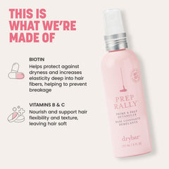 Drybar Prep Rally bottle on bath shelf presenting convenient everyday use
