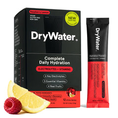 DryWater front packaging showing raspberry lemon 12-stick pack and benefits