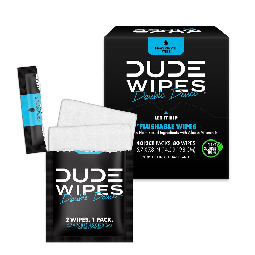 DUDE Wipes front packaging showing travel-friendly two-pack convenience