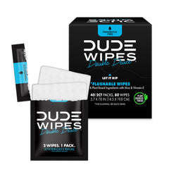 DUDE Wipes front packaging showing travel-friendly two-pack convenience