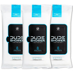 DUDE Wipes front packaging showing clean travel-ready design and convenience