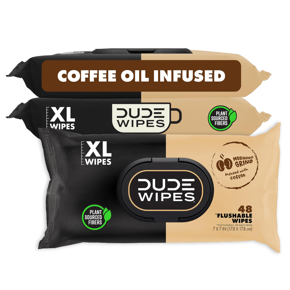 DUDE Wipes front packaging showing coffee scent and 144 count benefit