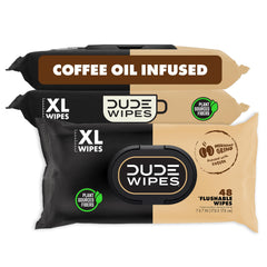 DUDE Wipes front packaging showing coffee scent and 144 count benefit
