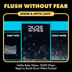 DUDE Wipes extra-large sheet beside toilet paper roll showing greater coverage