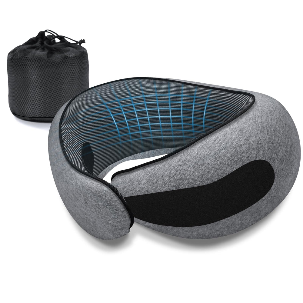 Dujuanus front view of grey travel neck pillow showing ergonomic shape and comfort