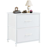 DUMOS front view of nightstand showing two drawers and clean silhouette for tidy storage