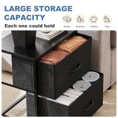 DUMOS nightstand in bedroom setting demonstrating space-saving storage benefit