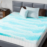 DUMOS topper front packed showing queen size and easy unboxing benefit