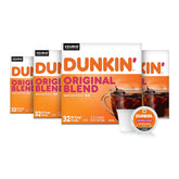 Dunkin' front packaging showing four 32-count boxes and branding benefits