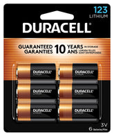 Duracell CR123A front packaging showing six-cell pack and long shelf life benefit