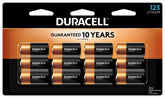 Duracell CR123A front packaging showing 12-count pack and clear labeling for reliable storage