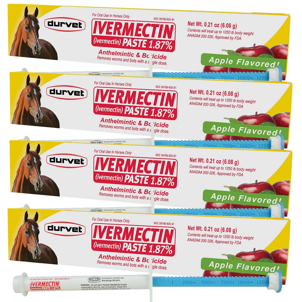 Durvet ivermectin paste-gel front view showing dosage and parasite protection benefit