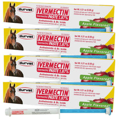 Durvet ivermectin paste-gel front view showing dosage and parasite protection benefit