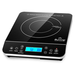 duxtop front view showing sleek silver countertop burner and benefits fast heating