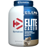 Dymatize tub front view showing cookies and cream flavor and serving count
