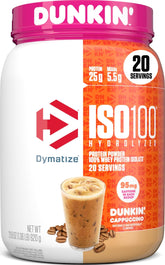 Dymatize ISO100 front label showing cappuccino tub and benefits