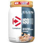 Dymatize ISO100 front packaging showing cinnamon cereal flavor and benefits