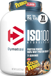 Dymatize ISO100 front tub showing product branding and flavor benefits