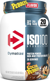 Dymatize ISO100 front tub showing branding and flavor, highlights convenience