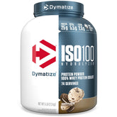 Dymatize ISO100 front jar showing cookies and cream flavor and clear benefit of high-protein