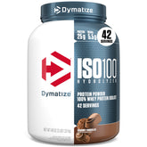 Dymatize ISO100 front package showing label and chocolate flavor benefit