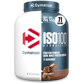Dymatize ISO100 front pouch showing product branding and flavor benefits