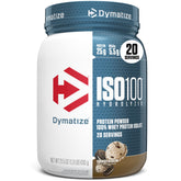 Dymatize ISO100 front tub showing cookies and cream flavor and clear benefits